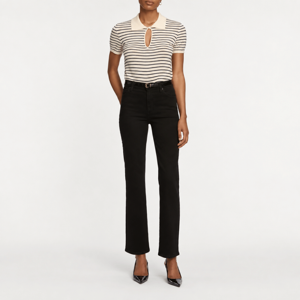 FRAME Le Sleek Straight Jeans in Black at Riada Concept. High-rise ankle-length straight jeans in super-stretch black denim - styled model view