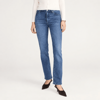 FRAME Le Sleek Straight Jeans in Ease at Riada Concept. High-rise ankle-length straight jeans in super-stretch mid-blue denim - front view