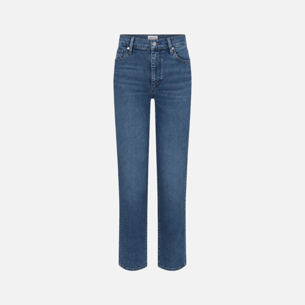 FRAME Le Sleek Straight Jeans in Ease at Riada Concept. High-rise ankle-length straight jeans in super-stretch mid-blue denim
