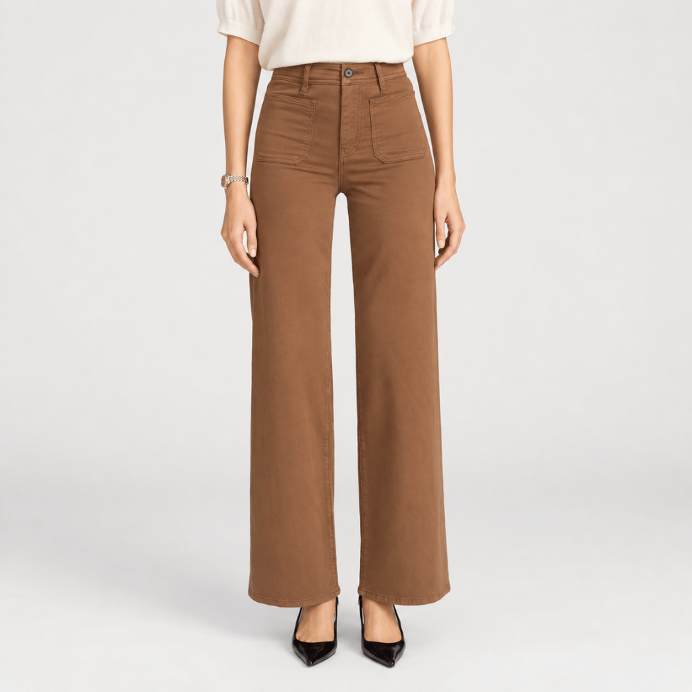 FRAME Le Slim Palazzo Harbor Pocket Jeans in Ledger at Riada Concept. High-rise wide-leg stretch denim with utility front pockets - front view