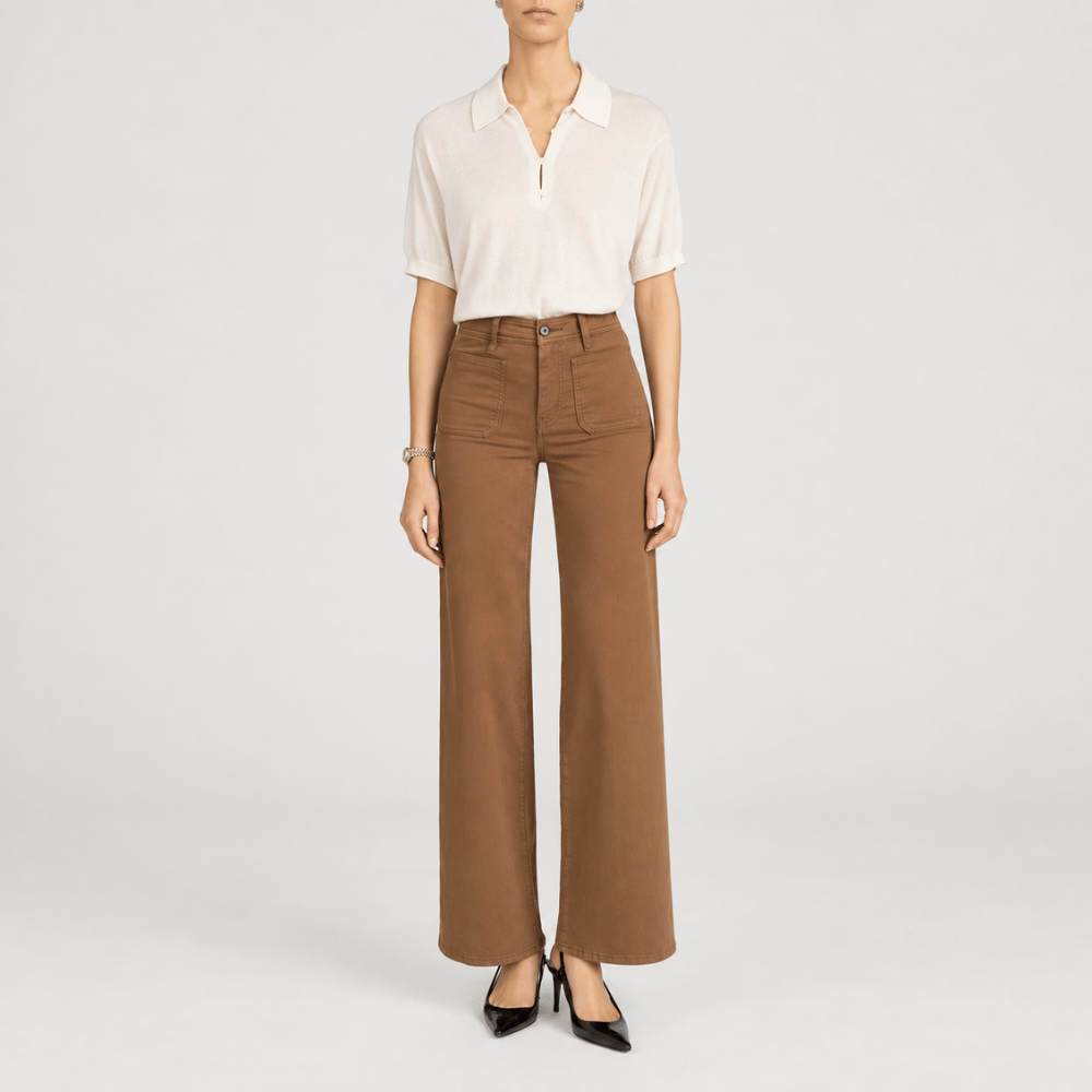 FRAME Le Slim Palazzo Harbor Pocket Jeans in Ledger at Riada Concept. High-rise wide-leg stretch denim with utility front pockets - front styled view