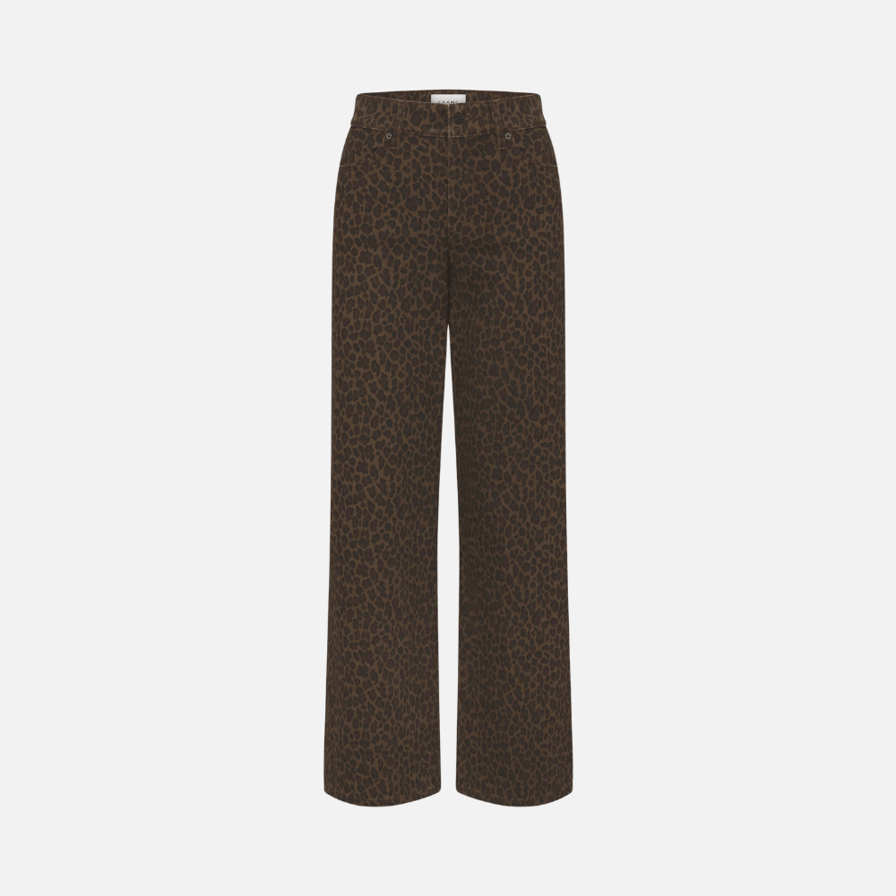 FRAME Le Slim Palazzo Jeans in Leopard at Riada Concept. High-rise wide-leg super-stretch denim in a rich brown animal print. 