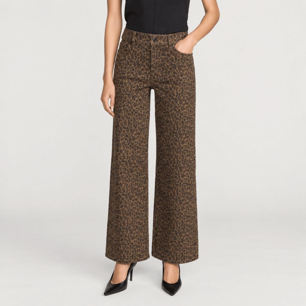 FRAME Le Slim Palazzo Jeans in Leopard at Riada Concept. High-rise wide-leg super-stretch denim in a rich brown animal print - front view