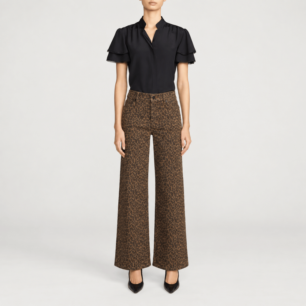 FRAME Le Slim Palazzo Jeans in Leopard at Riada Concept. High-rise wide-leg super-stretch denim in a rich brown animal print - full styled model view
