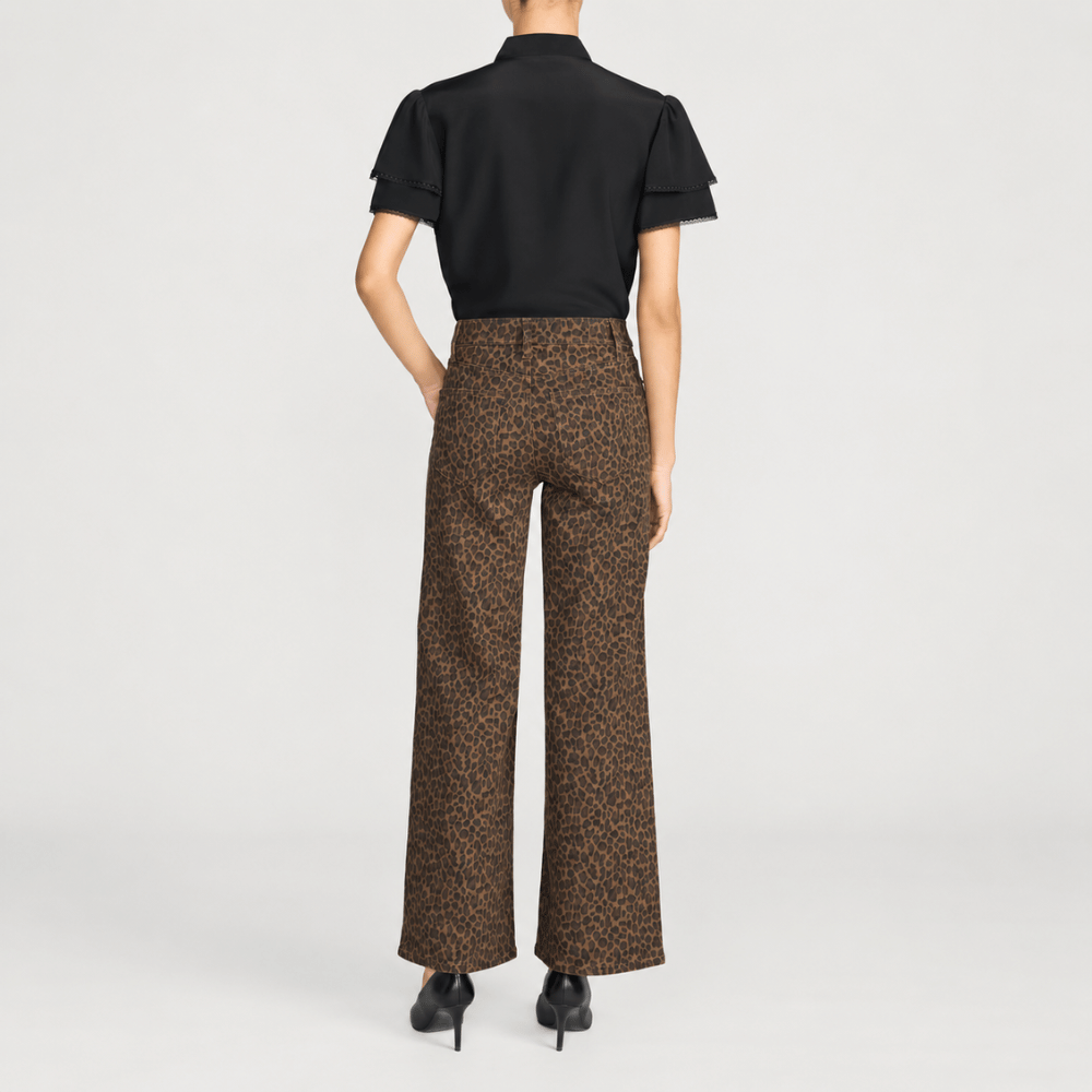 FRAME Le Slim Palazzo Jeans in Leopard at Riada Concept. High-rise wide-leg super-stretch denim in a rich brown animal print - full styled model back