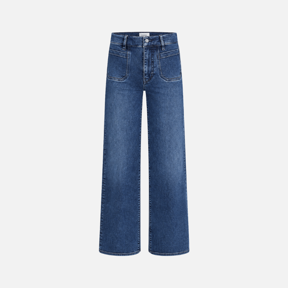 FRAME Le Slim Palazzo Modernist Pocket Jeans in Esteem at Riada Concept. High-rise wide-leg stretch denim with flat patch pockets.