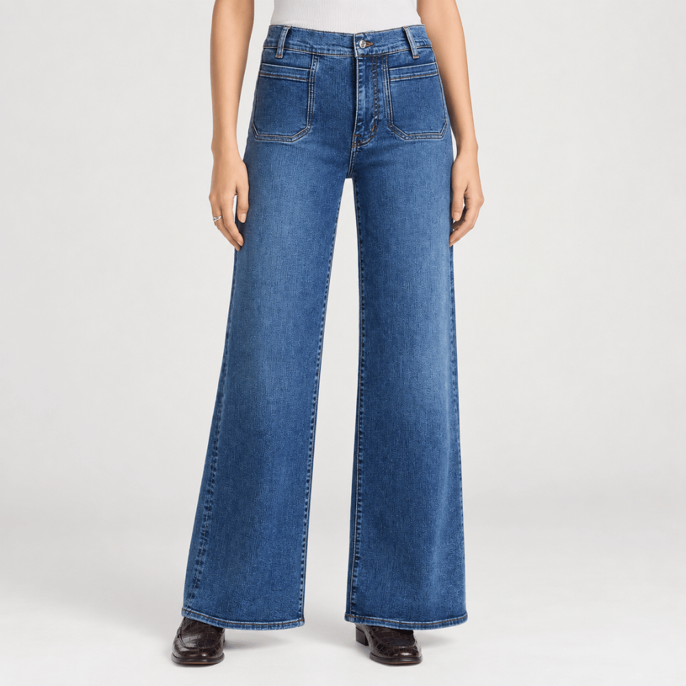 FRAME Le Slim Palazzo Modernist Pocket Jeans in Esteem at Riada Concept. High-rise wide-leg stretch denim with flat patch pockets - front view