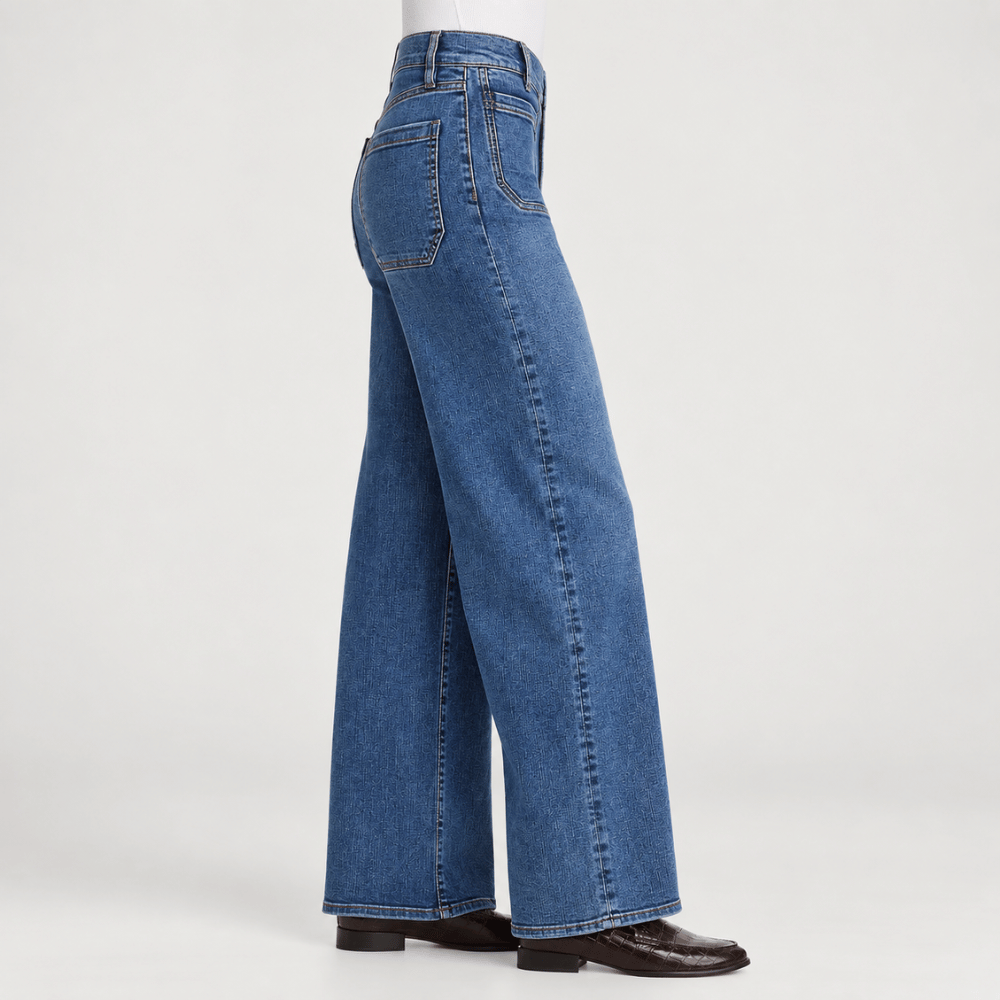 FRAME Le Slim Palazzo Modernist Pocket Jeans in Esteem at Riada Concept. High-rise wide-leg stretch denim with flat patch pockets - side view