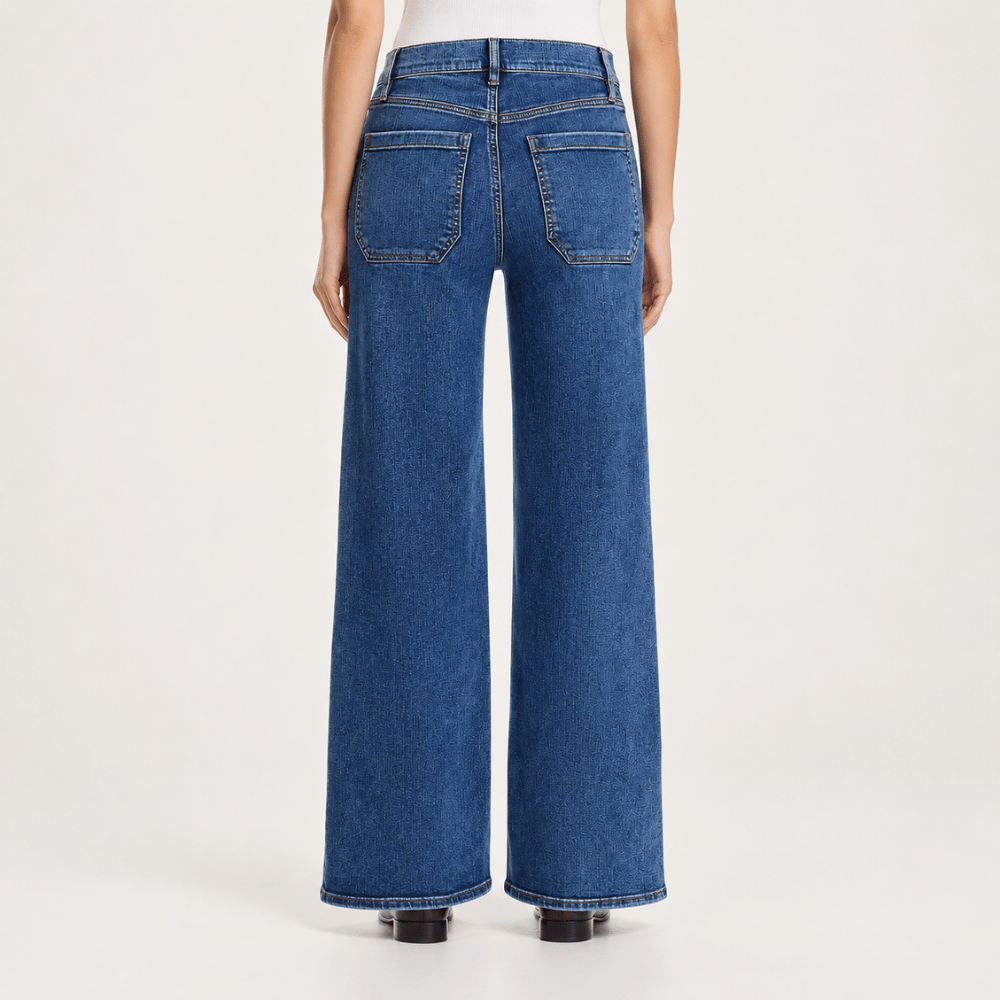 FRAME Le Slim Palazzo Modernist Pocket Jeans in Esteem at Riada Concept. High-rise wide-leg stretch denim with flat patch pockets - back view