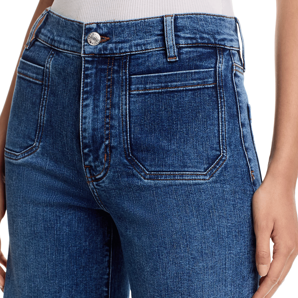 FRAME Le Slim Palazzo Modernist Pocket Jeans in Esteem at Riada Concept. High-rise wide-leg stretch denim with flat patch pockets - close up waistband pocket view