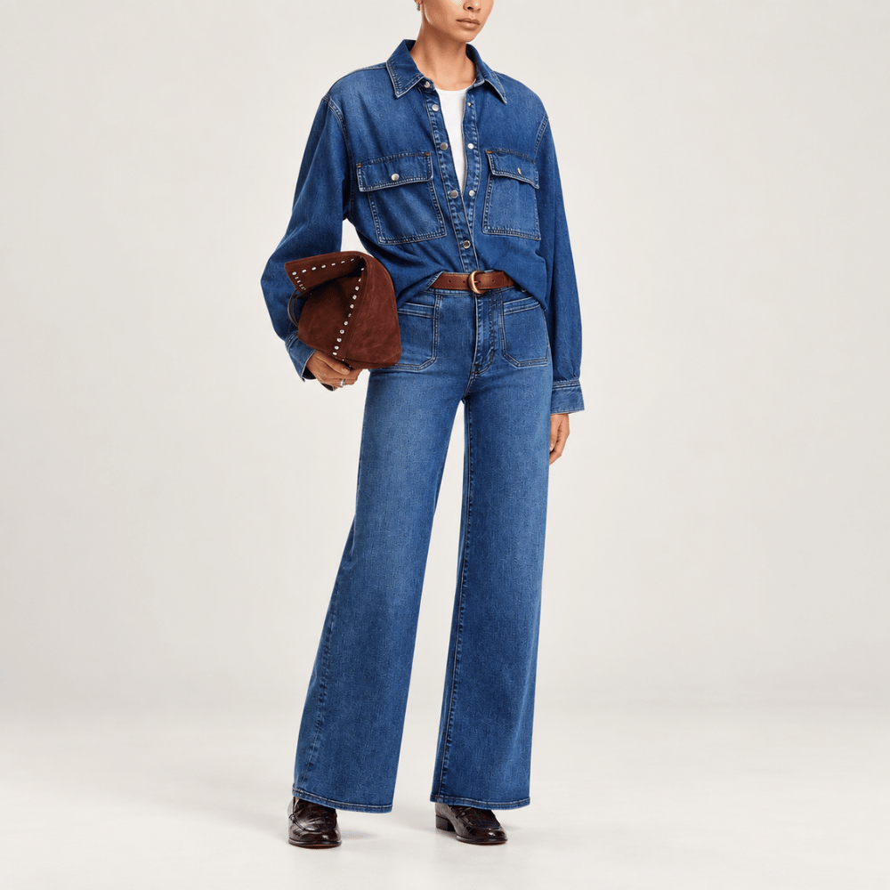 FRAME Le Slim Palazzo Modernist Pocket Jeans in Esteem at Riada Concept. High-rise wide-leg stretch denim with flat patch pockets - styled model