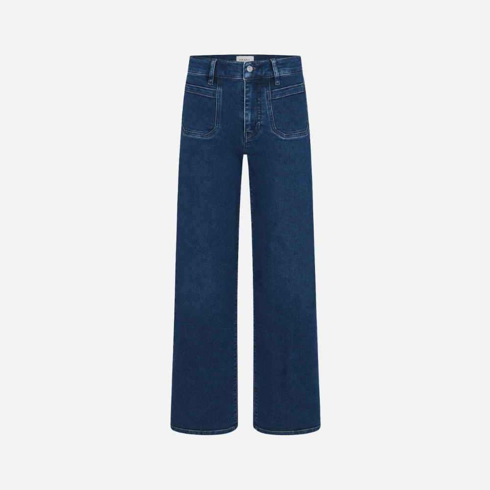 FRAME Le Slim Palazzo Modernist Pocket Jeans in Loner at Riada Concept. High-rise wide-leg stretch denim with flat patch pockets 
