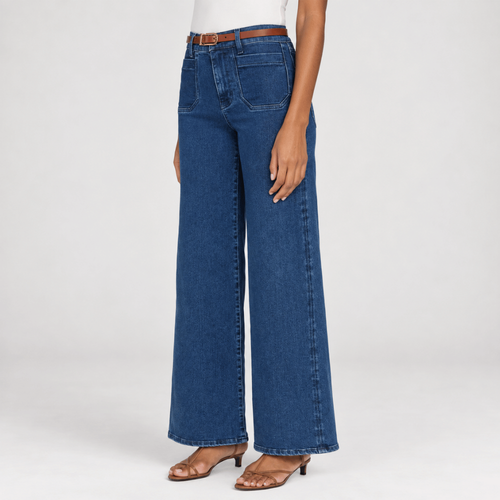 FRAME Le Slim Palazzo Modernist Pocket Jeans in Loner at Riada Concept. High-rise wide-leg stretch denim with flat patch pockets - angle view