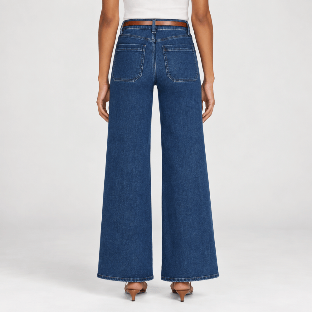 FRAME Le Slim Palazzo Modernist Pocket Jeans in Loner at Riada Concept. High-rise wide-leg stretch denim with flat patch pockets - back view