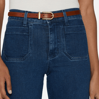 FRAME Le Slim Palazzo Modernist Pocket Jeans in Loner at Riada Concept. High-rise wide-leg stretch denim with flat patch pockets - waistband pocket close view