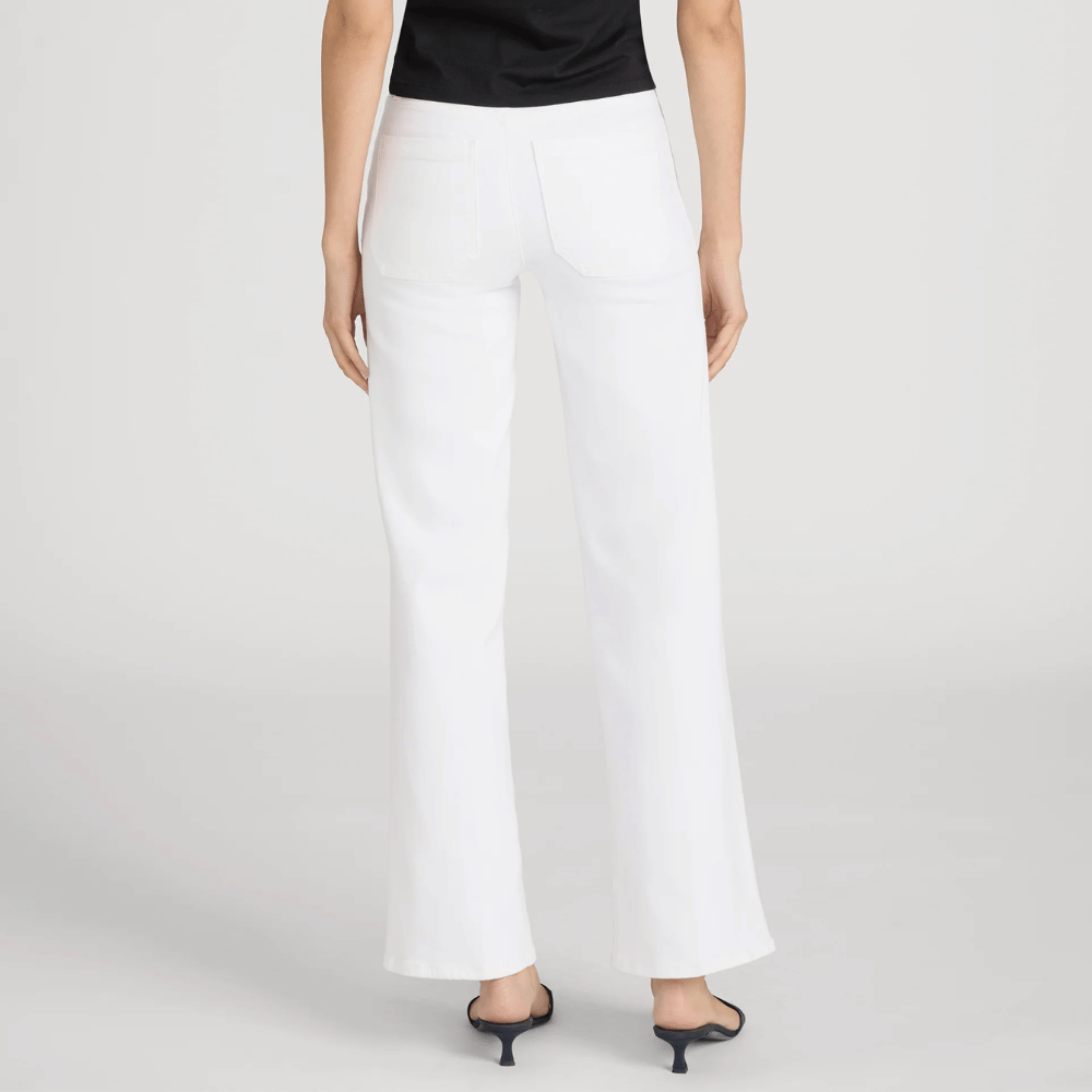 FRAME Le Slim Palazzo Modernist Pocket Jeans in White at Riada Concept. High-rise wide-leg stretch denim with flat patch pockets - back view