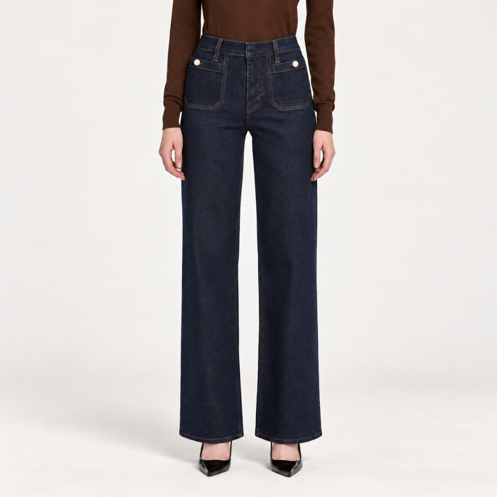 Riada Concept FRAME Le Slim Palazzo Pearl Jeans in Rinse - dark indigo stretch denim with pearl pocket details, front model view