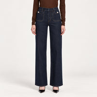 Riada Concept FRAME Le Slim Palazzo Pearl Jeans in Rinse - dark indigo stretch denim with pearl pocket details, front model view
