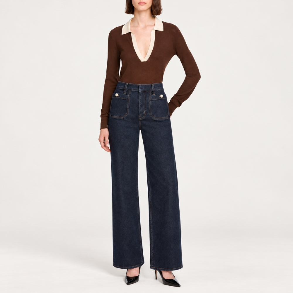 Riada Concept FRAME Le Slim Palazzo Pearl Jeans in Rinse - dark indigo stretch denim with pearl pocket details, front full model view