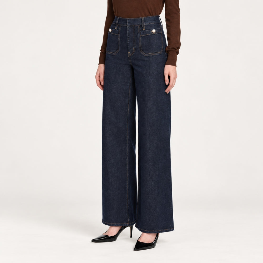 Riada Concept FRAME Le Slim Palazzo Pearl Jeans in Rinse - dark indigo stretch denim with pearl pocket details, angled model view