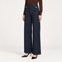 Riada Concept FRAME Le Slim Palazzo Pearl Jeans in Rinse - dark indigo stretch denim with pearl pocket details, angled model view