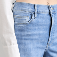 Close up waistband - FRAME Le Slim Palazzo Raw Fray Jeans in Clearwater at Riada Concept. High-rise, light-blue wide-leg stretch denim. Shop Australia-wide or in Sydney.
