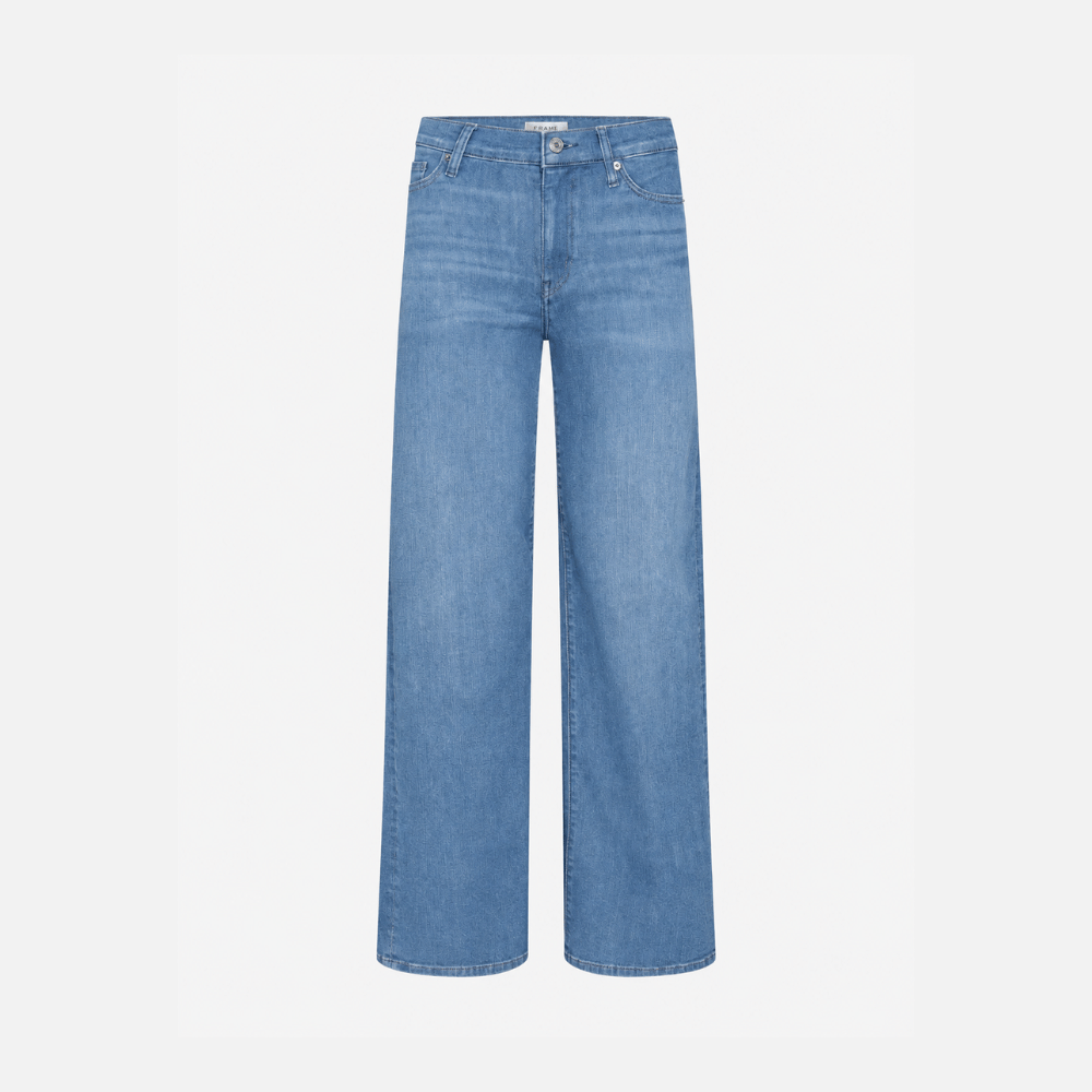 FRAME Le Slim Palazzo Raw Fray Jeans in Clearwater at Riada Concept. High-rise, light-blue wide-leg stretch denim. Shop Australia-wide or in Sydney.