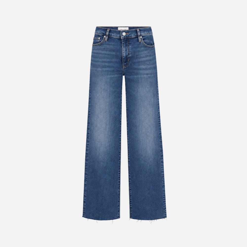FRAME Le Slim Palazzo Raw Fray Jeans in Mermaid at Riada Concept. High-rise medium-blue wide-leg stretch denim with raw hem.
