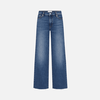 FRAME Le Slim Palazzo Raw Fray Jeans in Mermaid at Riada Concept. High-rise medium-blue wide-leg stretch denim with raw hem.