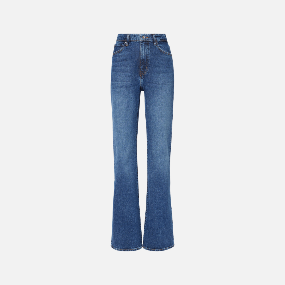 FRAME The Arrow jeans in Rival at Riada Concept. High-rise blue bootcut jeans in comfort-stretch denim with a 33-inch inseam.