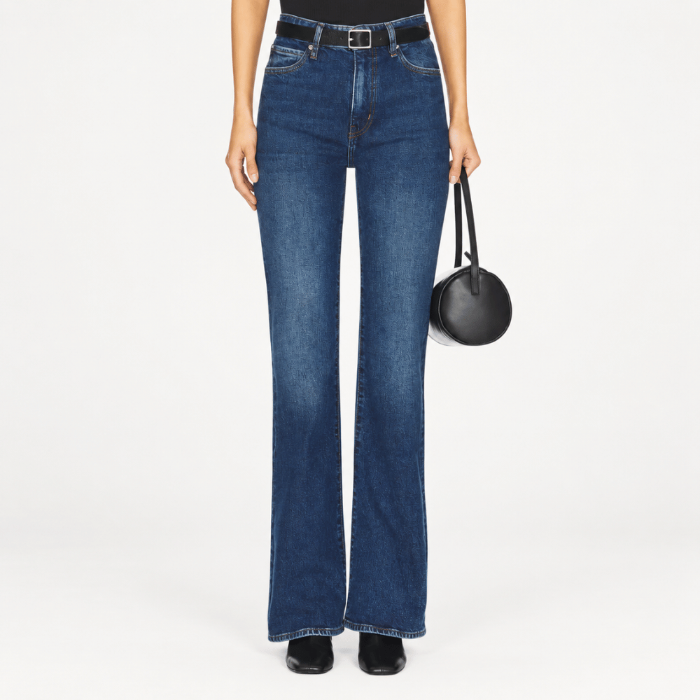 FRAME The Arrow jeans in Rival at Riada Concept. High-rise blue bootcut jeans in comfort-stretch denim with a 33-inch inseam - front view