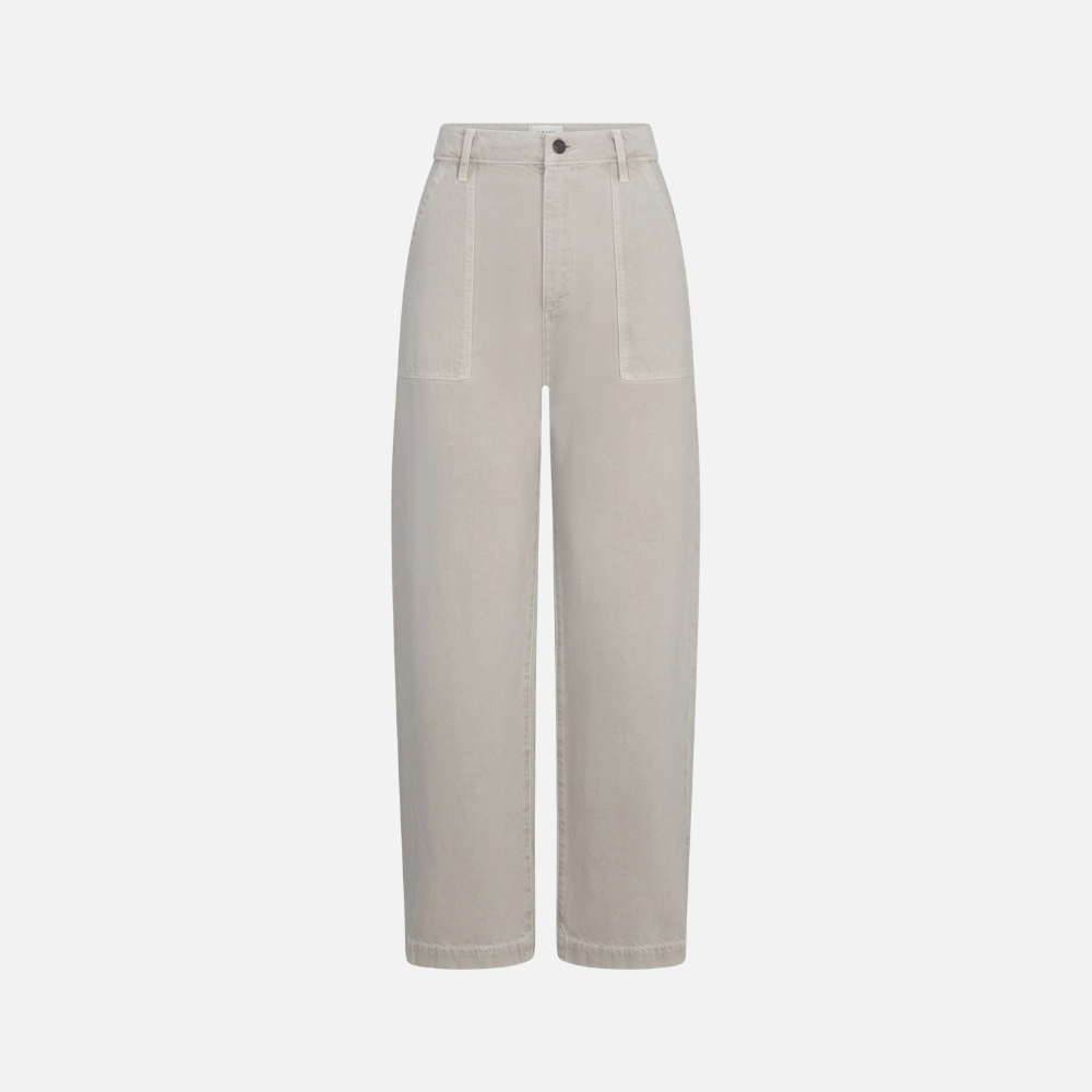 FRAME The Bow Cargo Jeans in Flax at Riada Concept. High-rise rigid denim with flat utility pockets and a sculpted barrel leg.