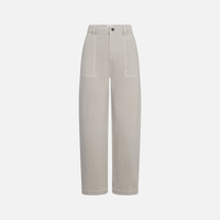 FRAME The Bow Cargo Jeans in Flax at Riada Concept. High-rise rigid denim with flat utility pockets and a sculpted barrel leg.