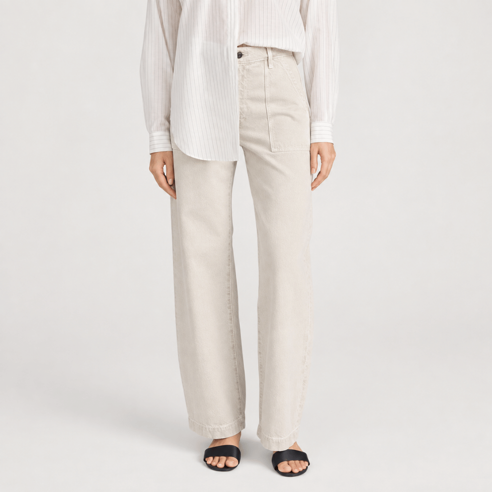 FRAME The Bow Cargo Jeans in Flax at Riada Concept. High-rise rigid denim with flat utility pockets and a sculpted barrel leg - front view