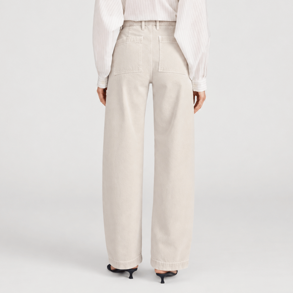 FRAME The Bow Cargo Jeans in Flax at Riada Concept. High-rise rigid denim with flat utility pockets and a sculpted barrel leg - back view