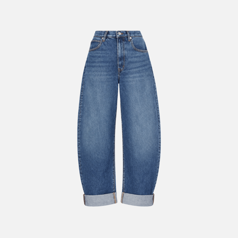 FRAME The Bubble Jeans in Westbury at Riada Concept. High-rise rigid barrel jeans with a curved leg and adjustable rolled cuff.