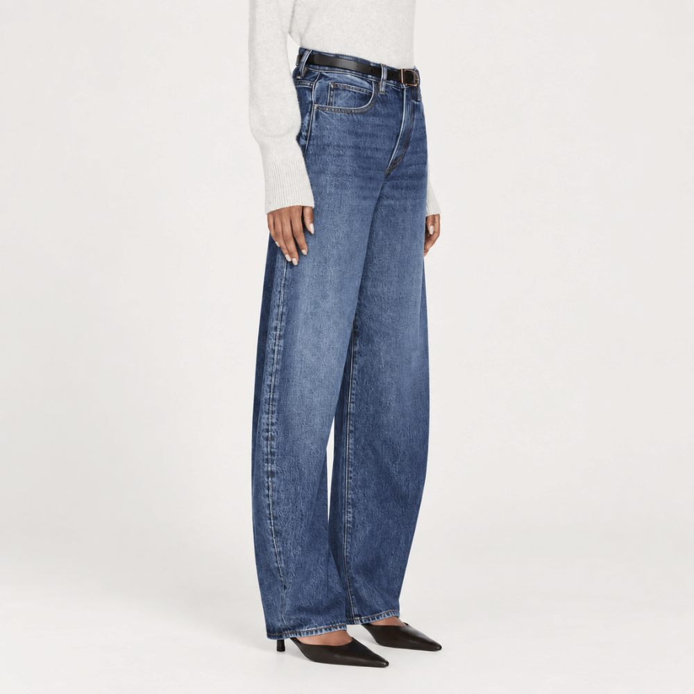 FRAME The Bubble Jeans in Westbury at Riada Concept. High-rise rigid barrel jeans with a curved leg and adjustable rolled cuff - side view