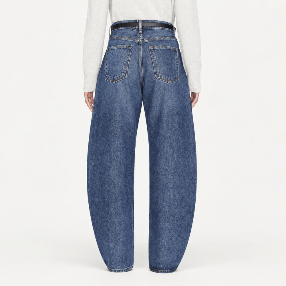 FRAME The Bubble Jeans in Westbury at Riada Concept. High-rise rigid barrel jeans with a curved leg and adjustable rolled cuff - back view