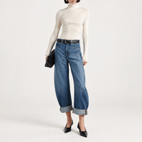 FRAME The Bubble Jeans in Westbury at Riada Concept. High-rise rigid barrel jeans with a curved leg and adjustable rolled cuff - styled model front view, rolled cuffs