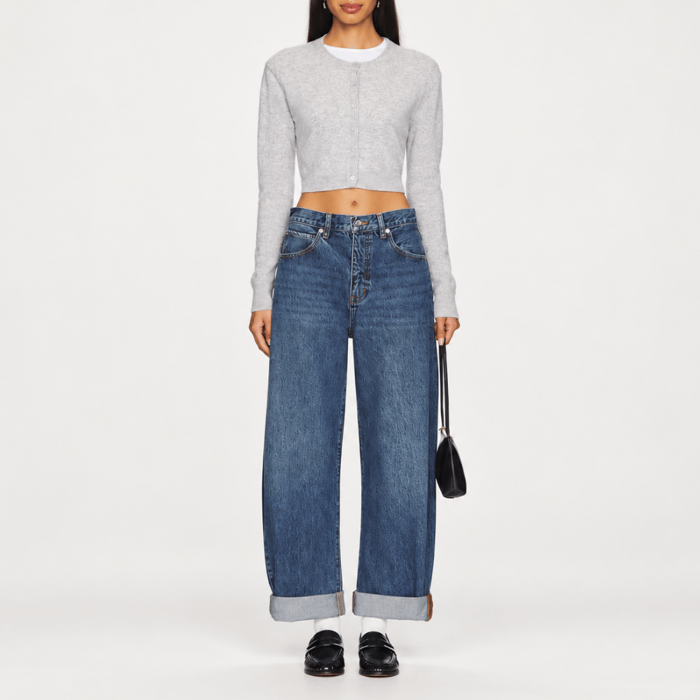 FRAME The Bubble Jeans in Westbury at Riada Concept. High-rise rigid barrel jeans with a curved leg and adjustable rolled cuff - styled model front view, rolled cuffs