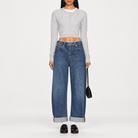 FRAME The Bubble Jeans in Westbury at Riada Concept. High-rise rigid barrel jeans with a curved leg and adjustable rolled cuff - styled model front view, rolled cuffs