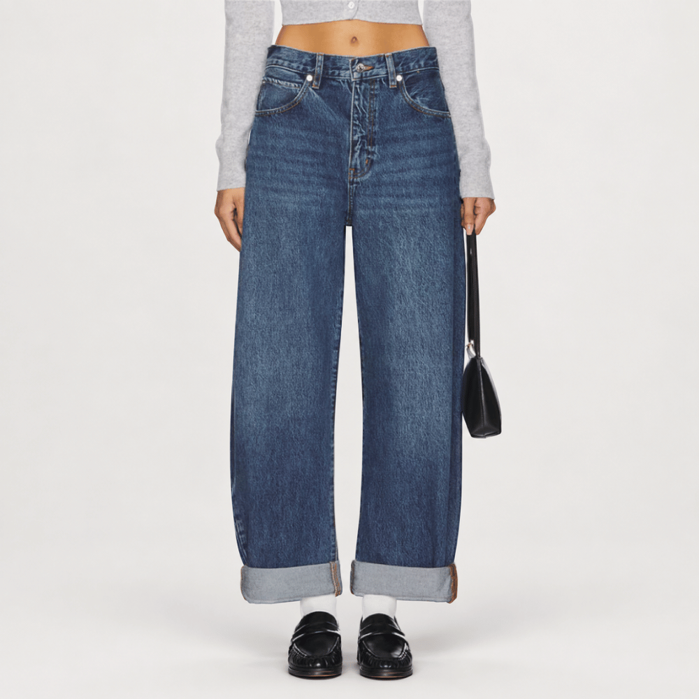 FRAME The Bubble Jeans in Westbury at Riada Concept. High-rise rigid barrel jeans with a curved leg and adjustable rolled cuff - front view rolled cuff