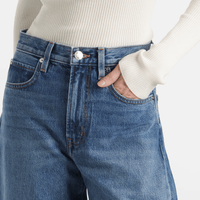 FRAME The Bubble Jeans in Westbury at Riada Concept. High-rise rigid barrel jeans with a curved leg and adjustable rolled cuff - close-up waistband, front pockets, button detail