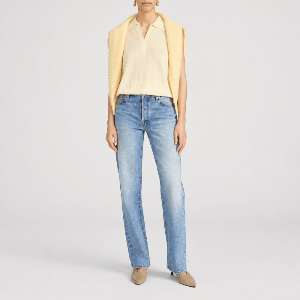 FRAME The Essential Jean in Rapture at Riada Concept. Mid-rise full-length straight jeans in rigid regenerative cotton denim - full styled model view