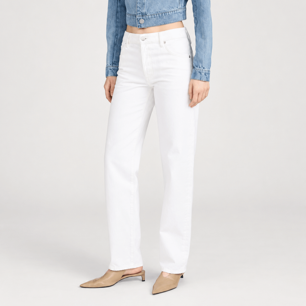 FRAME The Essential Jean in White at Riada Concept. Mid-rise full-length straight jeans in rigid regenerative cotton denim - side view