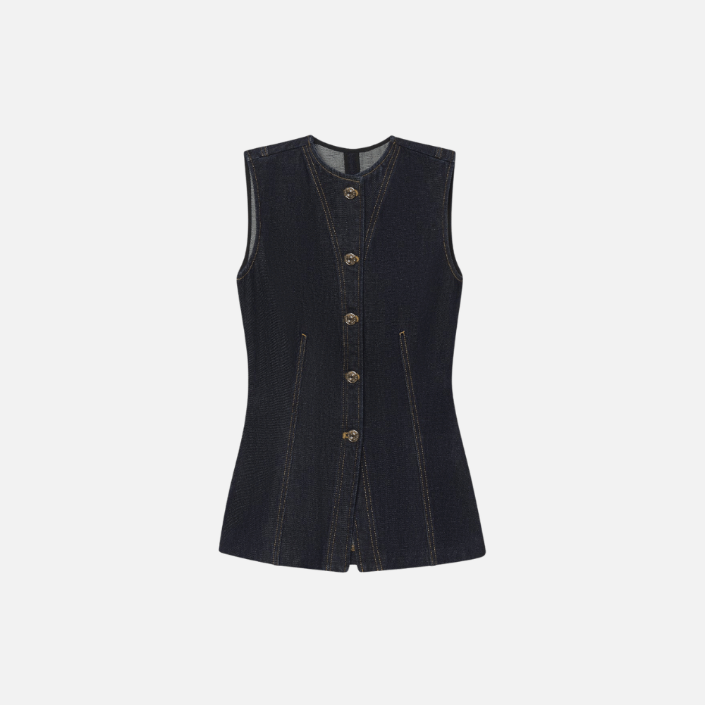 FRAME The Form Vest in Rinse at Riada Concept. Sculpted rigid indigo denim waistcoat with princess seams and silver buttons
