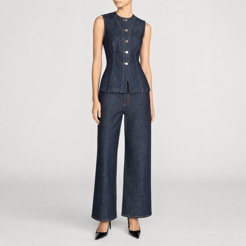 FRAME The Form Vest in Rinse at Riada Concept. Sculpted rigid indigo denim waistcoat with princess seams and silver buttons - styled full model