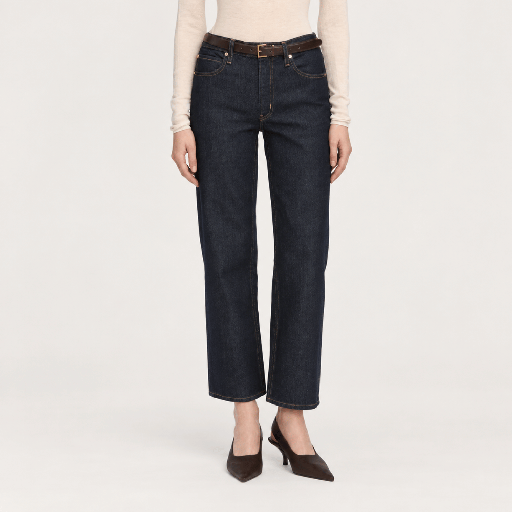 FRAME The Hang Jeans in Rinse at Riada Concept. Mid-rise ankle-length straight jeans in rigid regenerative cotton denim- front view