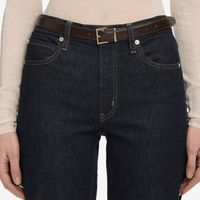 Close-up oFRAME The Hang Jeans in Rinse at Riada Concept. Mid-rise ankle-length straight jeans in rigid regenerative cotton denim - showing pockets, waistband and belt loops