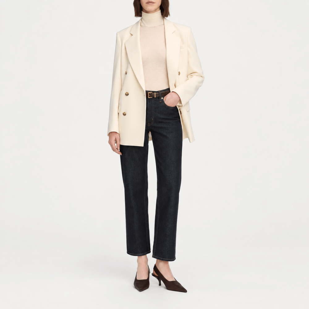 FRAME The Hang Jeans in Rinse at Riada Concept. Mid-rise ankle-length straight jeans in rigid regenerative cotton denim- front model styled view